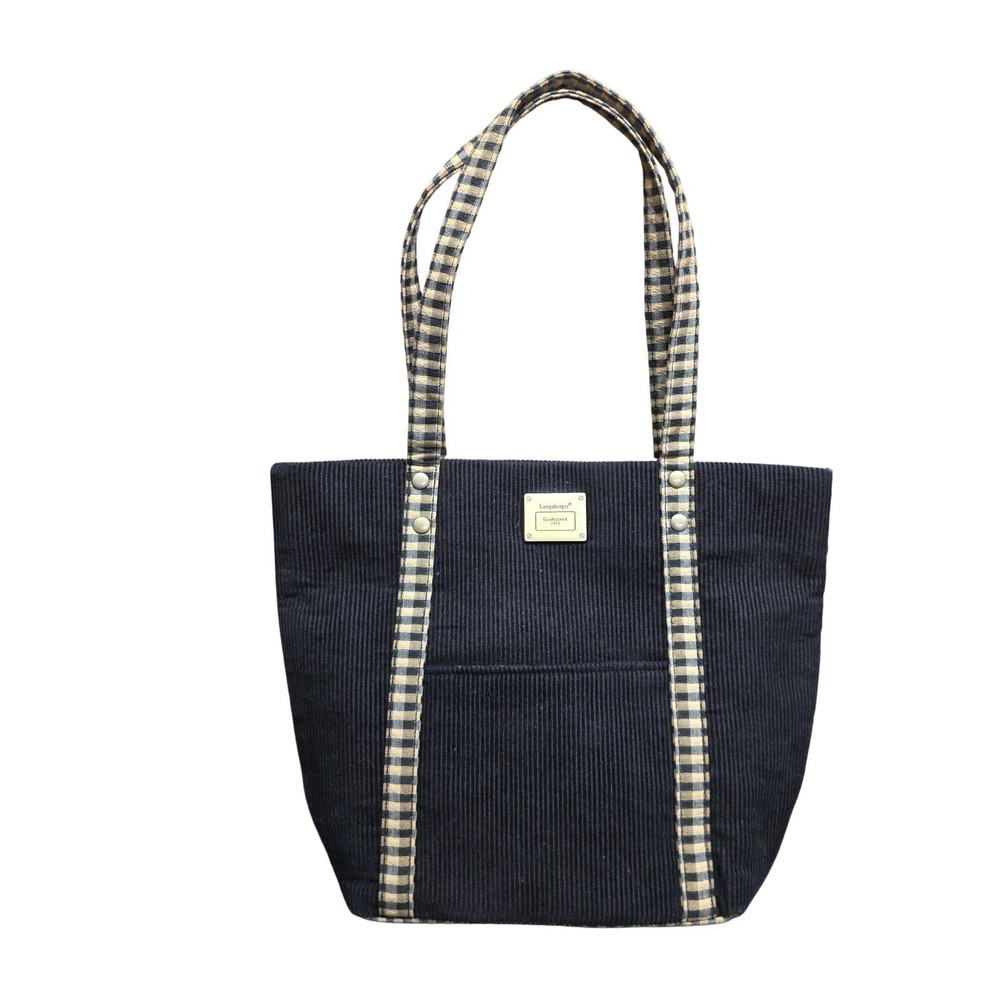 VTG Longaberger‎ Tote Bag Navy Corduroy Homestead Plaid Shoulder Purse Y2K